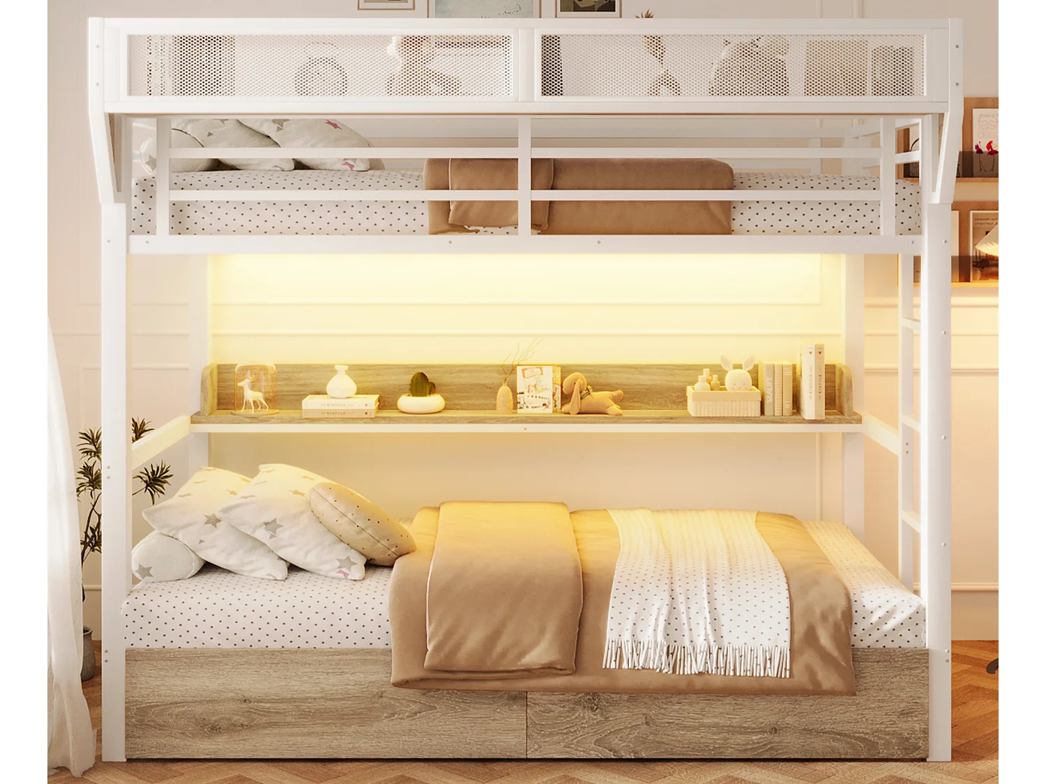 Łóżko piętrowe 90 x 200 cm - Konstrukcja z kutego żelaza - z półkami - z 2 szufladami - z oświetleniem LED - białe (materac nie jest w zestawie) 4964116 - obrazek 1