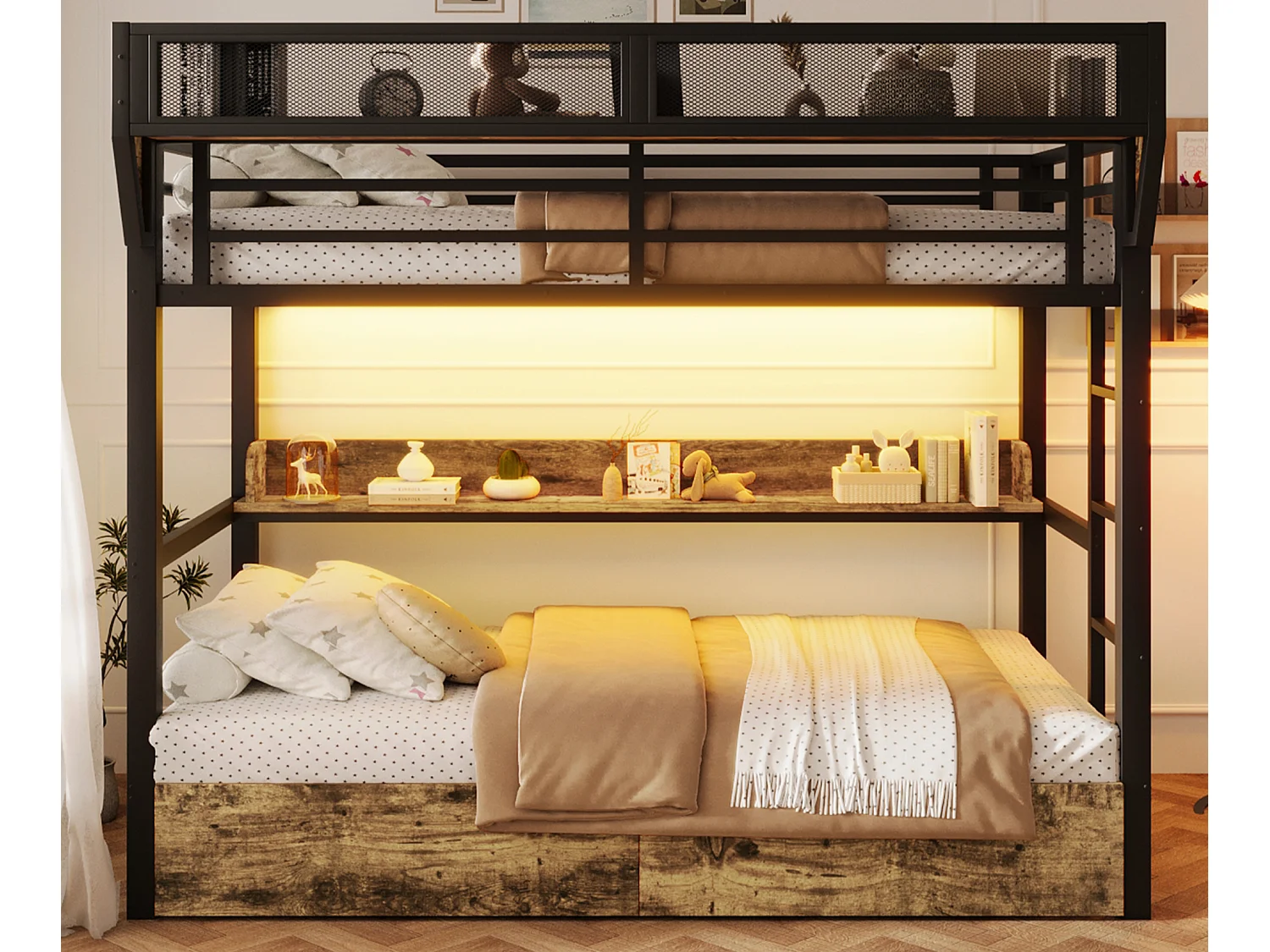 Łóżko piętrowe 90 x 200 cm - Konstrukcja z kutego żelaza - z półkami - z 2 szufladami - z oświetleniem LED - czarne (materac nie jest w zestawie) 4964158 - obrazek 1
