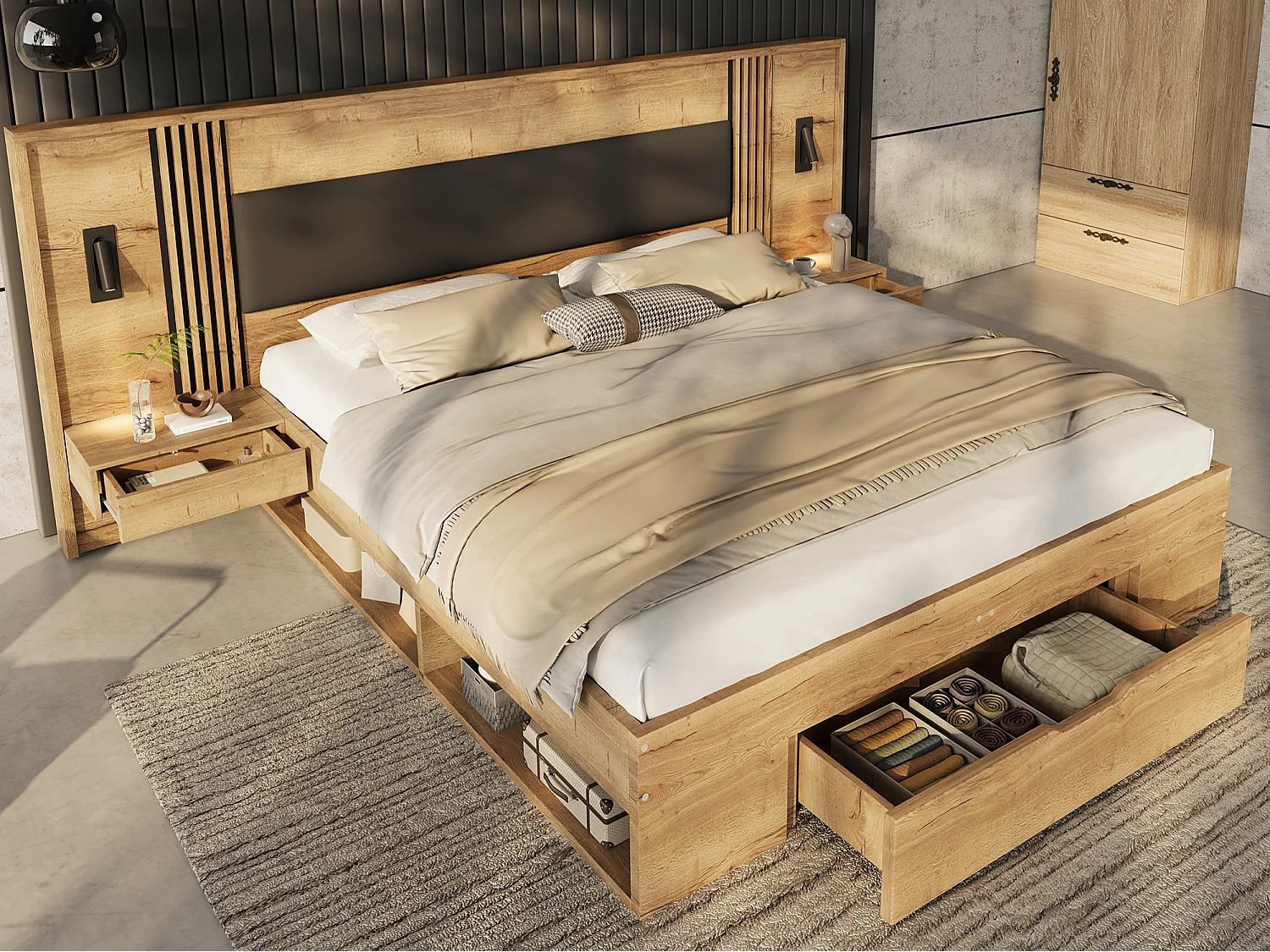 Łóżko dwuosobowe drewniane 160x200 cm - lampka do czytania, 2 stoliki nocne i 3 szuflady - MDF - naturalne (materac nie wchodzi w skład zestawu) 4964166 - obrazek 1
