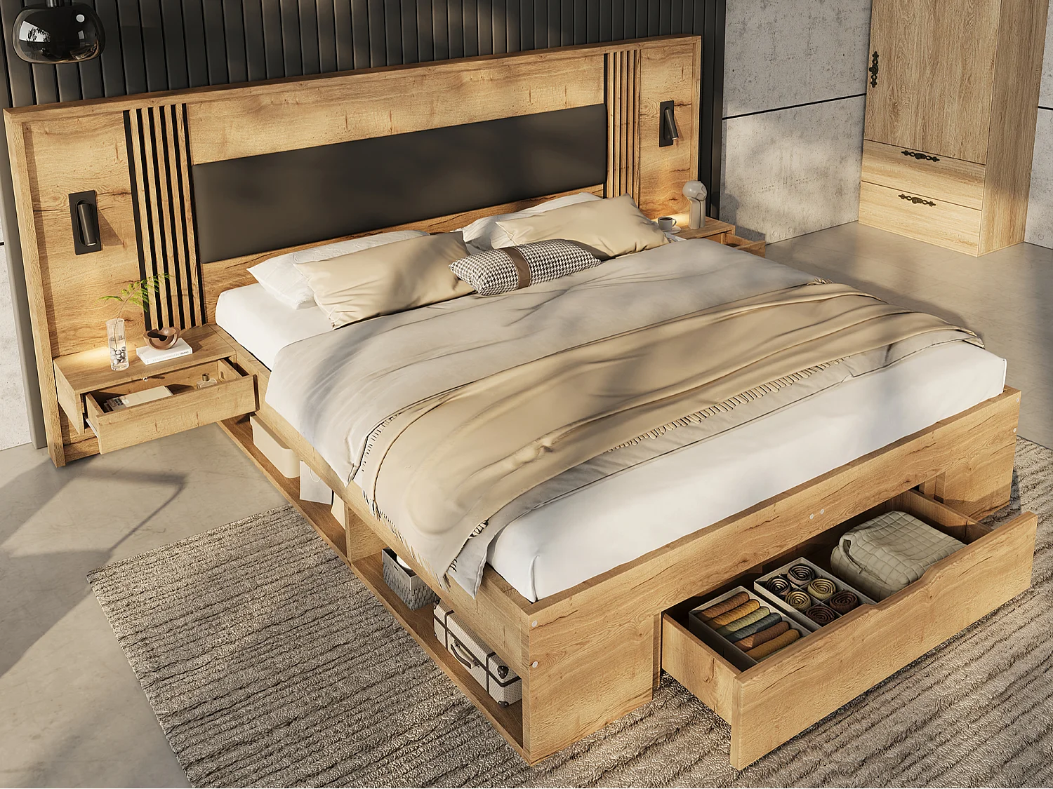 Łóżko dwuosobowe drewniane 180x200 cm - lampka do czytania, 2 stoliki nocne i 3 szuflady - MDF - naturalne (materac nie wchodzi w skład zestawu) 4964227 - obrazek 1