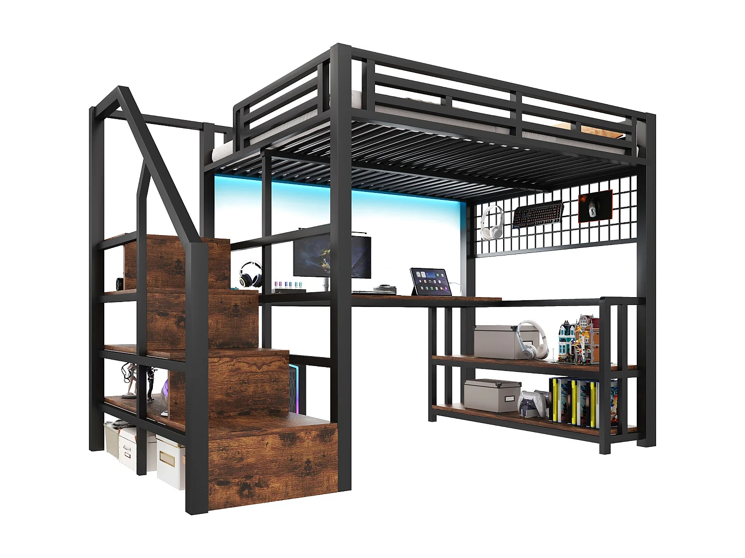 Łóżko piętrowe dla dzieci - 140 x 200 cm - rama żeliwna - z półką + diody LED + biurko + schody do przechowywania + USB - metalowe - czarne 4860473 - obrazek 1