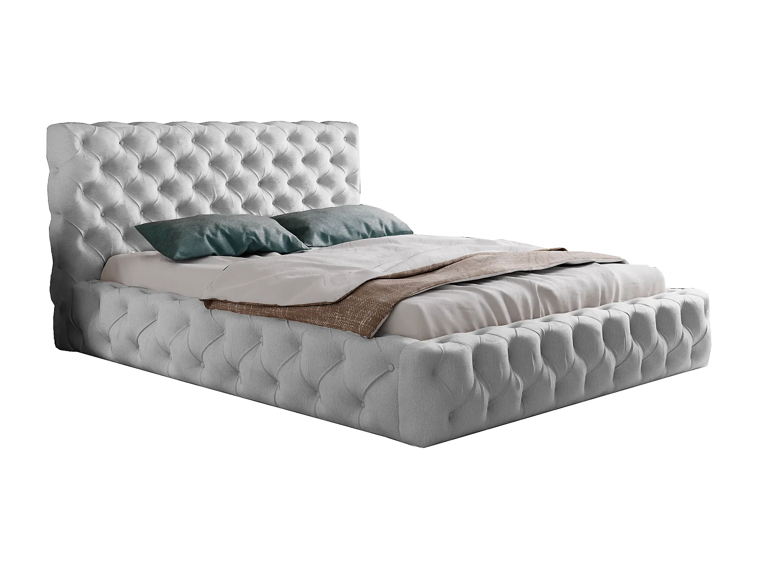 Łóżko tapicerowane 140x200 Glory - łóżko glamour Chesterfield z pojemnikiem, stelażem i pikowanym wezgłowiem - jasny szary 3631035 - obrazek 1