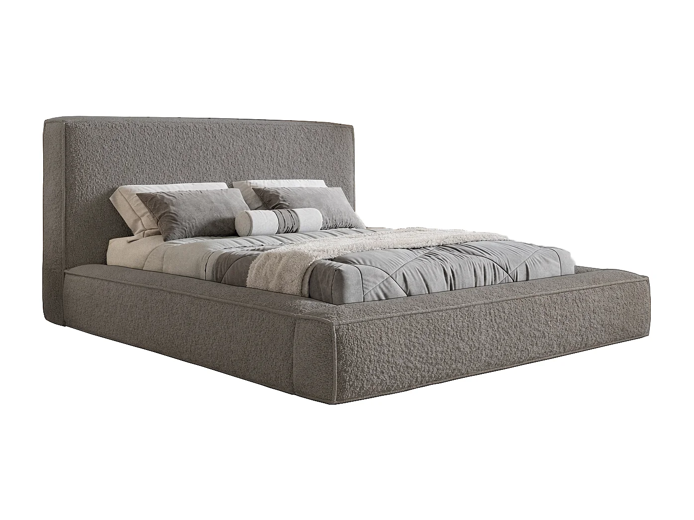 Łóżko dwuosobowe 160x200 Karano z lamówką - pojemnik i stelaż drewniany - boucle, szary (Catch Me 25) 4869724 - obrazek 1