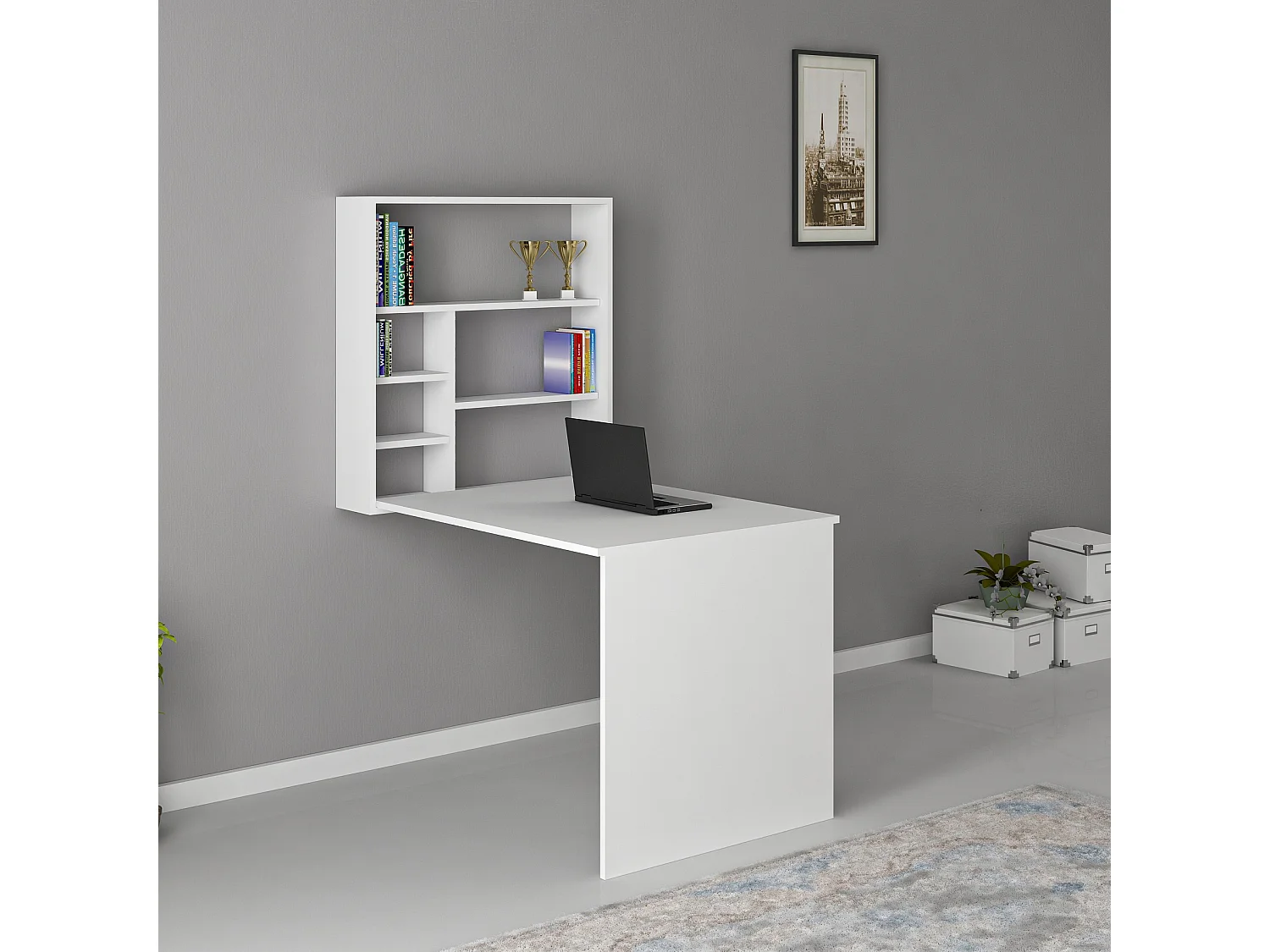 Białe biurko drewniane „Sedir” 90x59x154 cm z 5 półkami, nowoczesny design i wbudowane przechowywanie 4831559