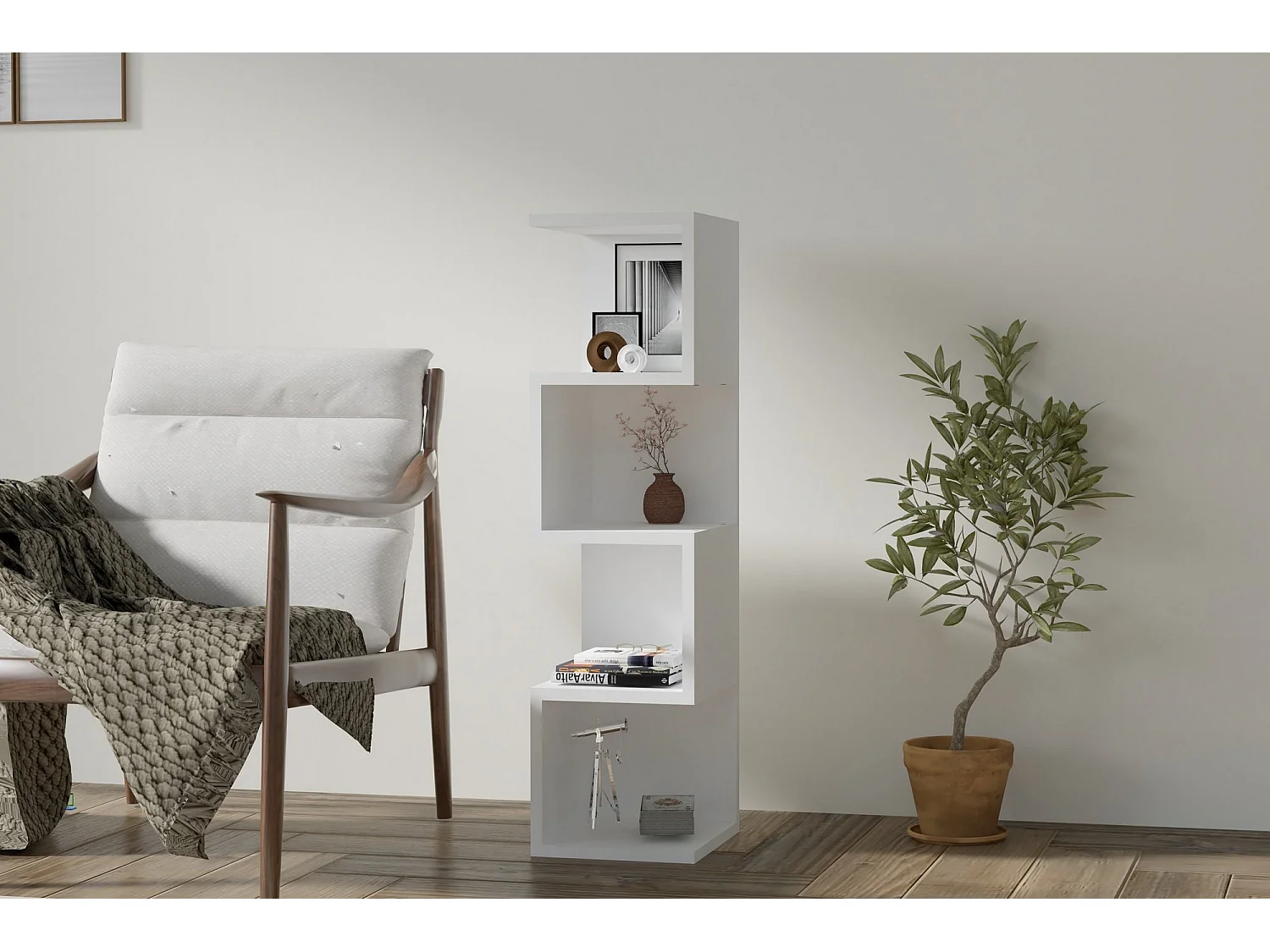 Biała drewniana biblioteczka „Alin” z 4 półkami – 27x25x95 cm, nowoczesny i solidny design 4836606