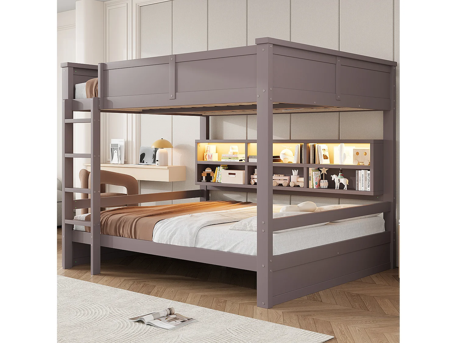 Łóżko piętrowe dla dzieci - 2 x 160 x 200 cm - z półkami + diody LED - MDF - brązowe 4983879 - obrazek 1
