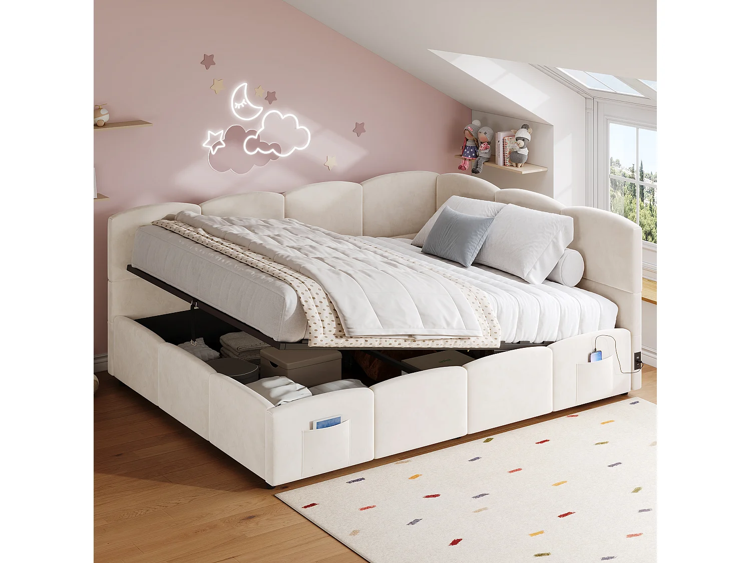 Łóżko dziecięce tapicerowane z pojemnikiem - 140 x 190 cm - z podstawą z listew + port USB + zagłówek w kształcie litery L - aksamitne - beżowe 4983924 - obrazek 1