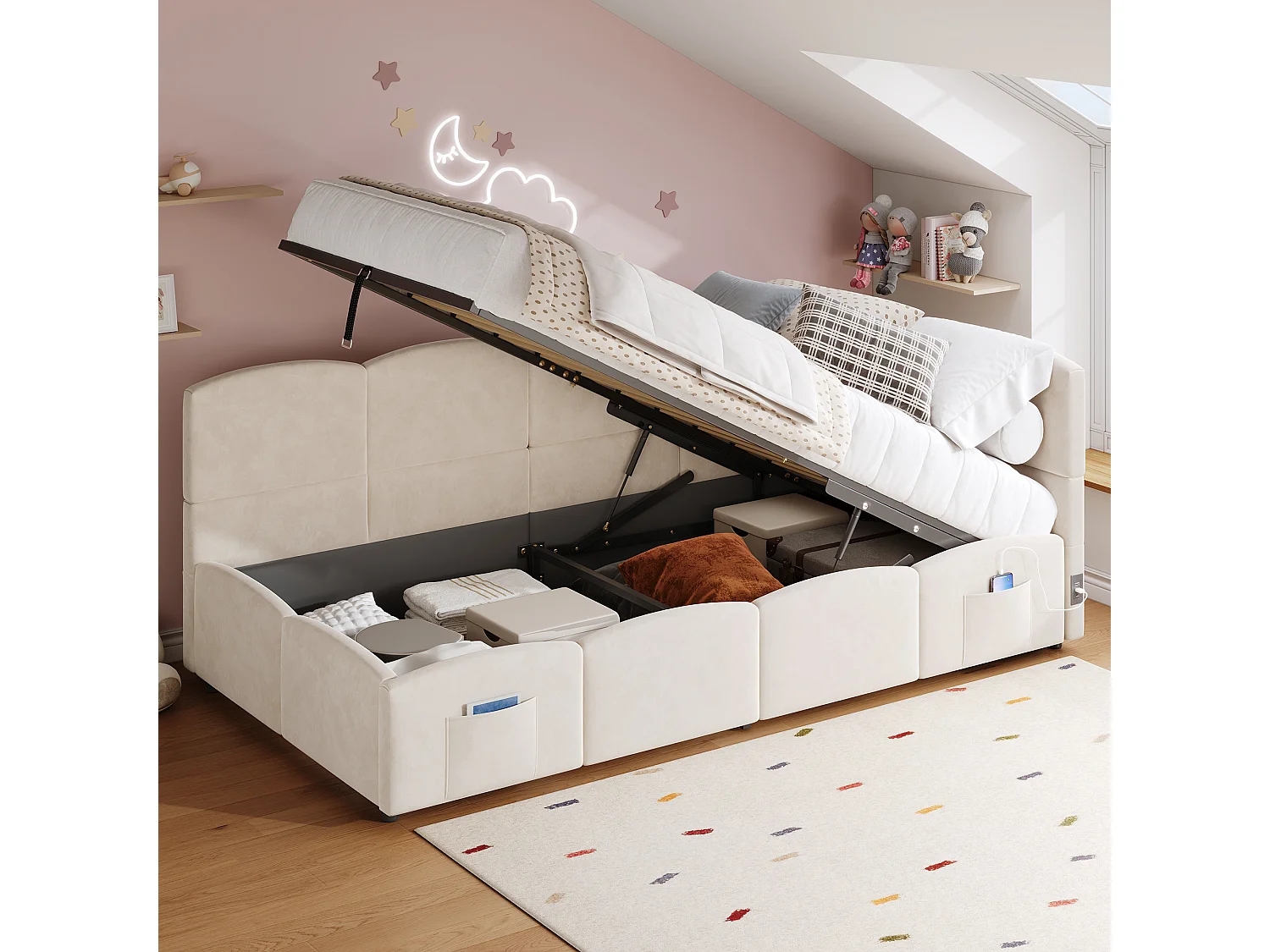 Łóżko dziecięce tapicerowane z pojemnikiem - 90 x 190 cm - z podstawą z listew + port USB + zagłówek w kształcie litery L - aksamitne - beżowe 4983925 - obrazek 1