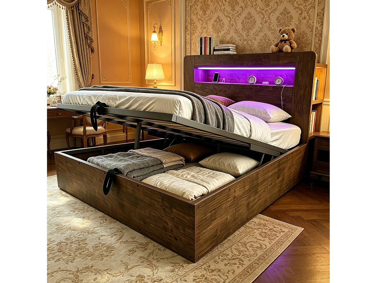 Łóżko hydrauliczne z drewna – 140 x 200 cm – ze schowkiem na pościel + diody LED + gniazdka – kolor naturalny 4983926