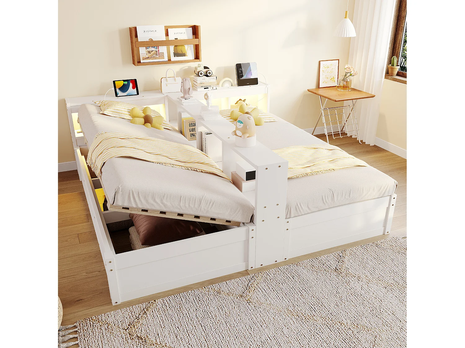 Łóżko hydrauliczne dla dzieci, podwójne, z pojemnikiem – 90/180 x 200 cm – z półkami + diody LED + gniazdko elektryczne – MDF – białe 4983932