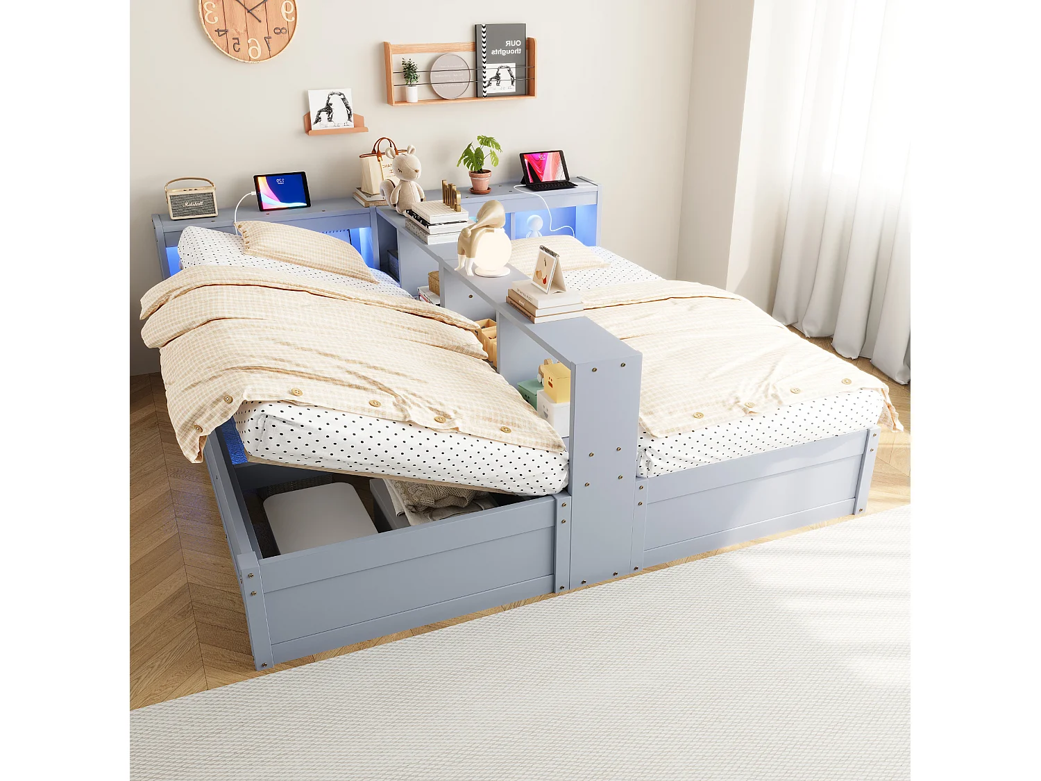 Łóżko hydrauliczne ze schowkiem dla 2 dzieci – 90/180 x 200 cm – z półkami + diody LED + gniazdko elektryczne – MDF – szare 4983933