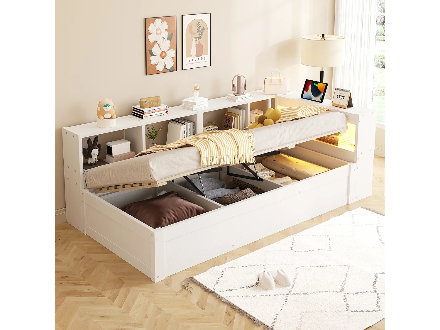 Łóżko dziecięce hydrauliczne ze schowkiem - 90 x 200 cm - tapczan z półkami do przechowywania + diody LED + gniazdko elektryczne - MDF - białe 4983938 - obrazek 1