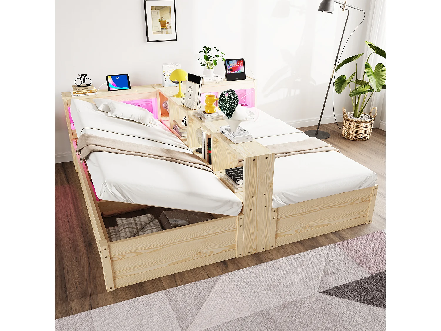 Łóżko hydrauliczne ze schowkiem dla 2 dzieci – 90/180 x 200 cm – z półkami + diody LED + gniazdko elektryczne – MDF – naturalne 4983940