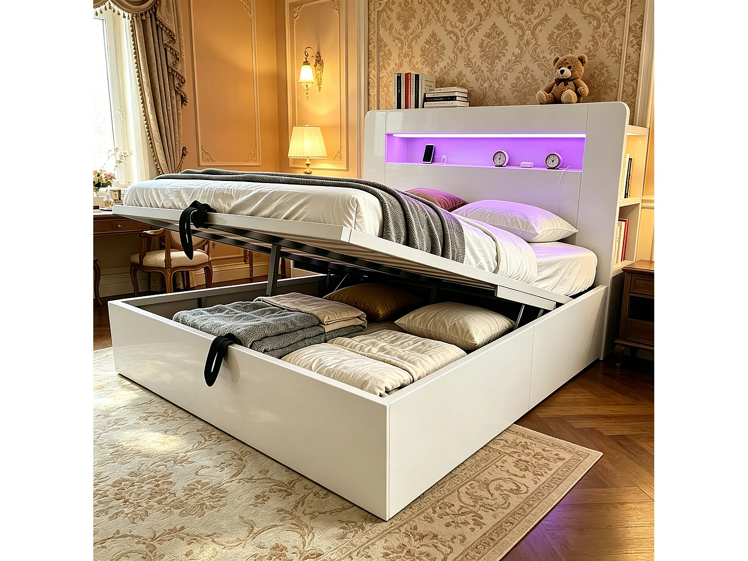 Łóżko hydrauliczne z drewna – 140 x 200 cm – ze schowkiem na pościel + diody LED + gniazdka – białe 4983943