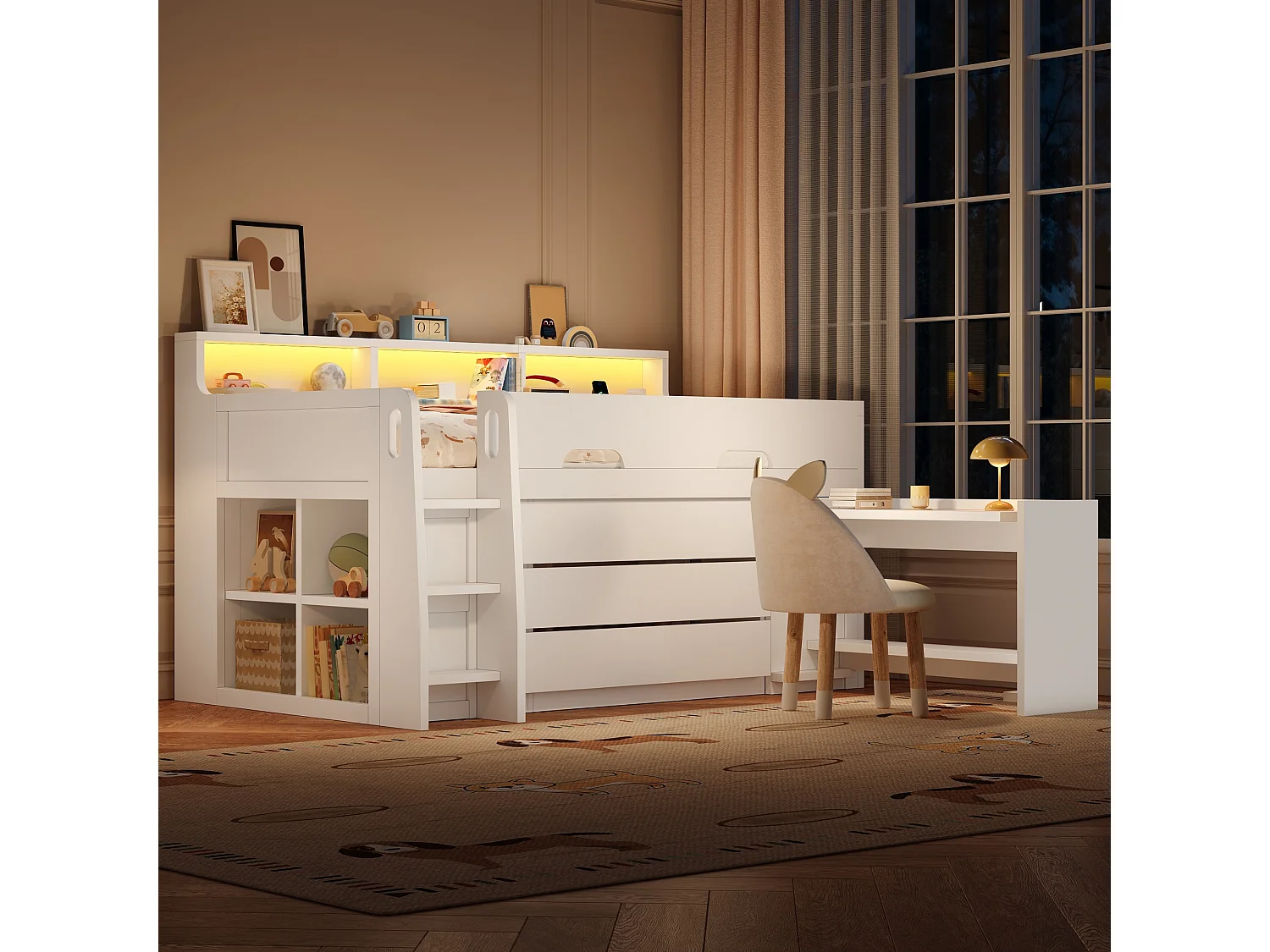 Łóżko dziecięce niskie piętrowe - 90 x 200 cm - z 3 szufladami + wyjmowane biurko + półki + diody LED + USB - NDF - białe 4983942 - obrazek 1