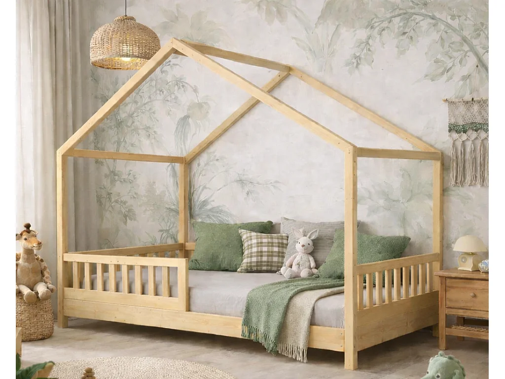 Łóżko domek dla dzieci BOSCO 90x190 cm z naturalnego lakierowanego drewna sosnowego z stelażem – Styl skandynawski unisex 4840166 - obrazek 1