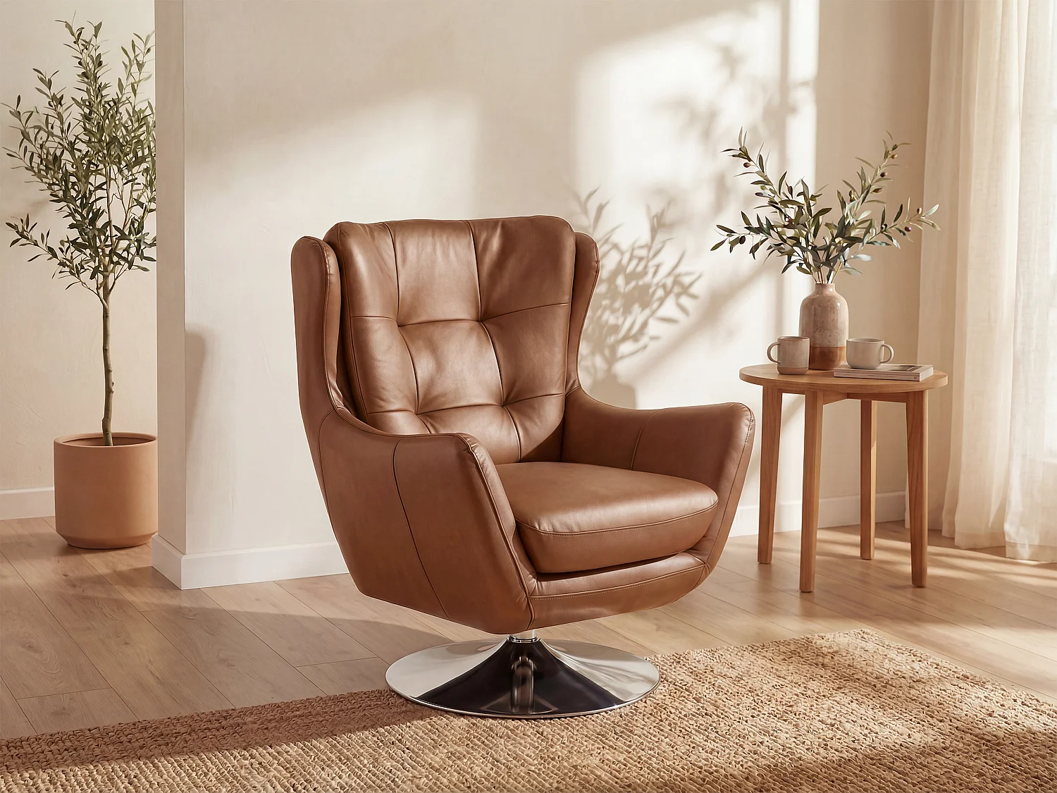 Obrotowy fotel z bawolej skóry w kolorze camel ANABA 4169219