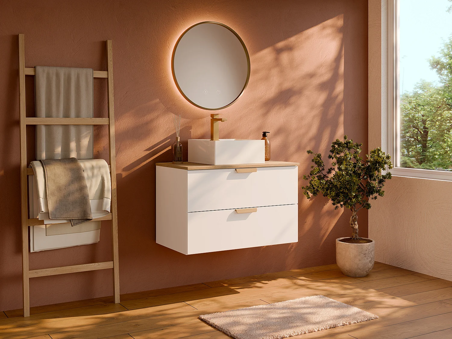 Wisząca szafka łazienkowa z kwadratową umywalką nablatową – Biała – S60 cm – AVORELI 4986863 - obrazek 1