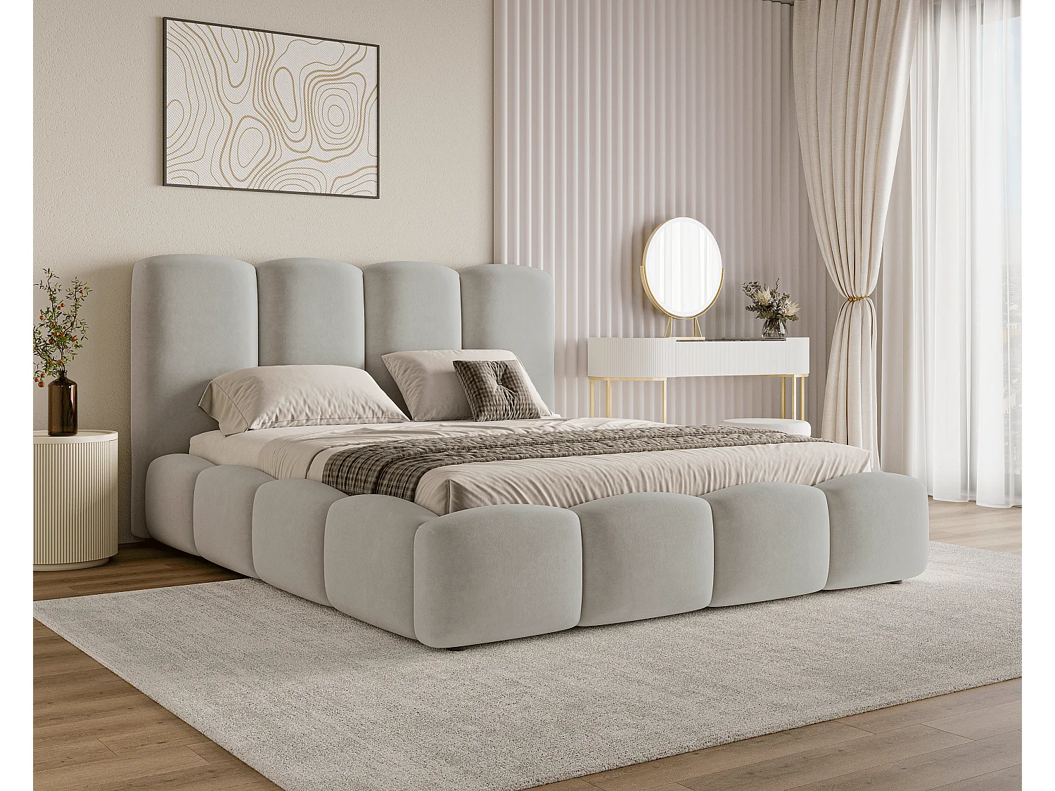 BESILIO Łóżko chmurka z pojemnikiem i stelażem 140x200 Puffy - welurowe łóżko tapicerowane - Jasnoszary 4756911 - obrazek 1