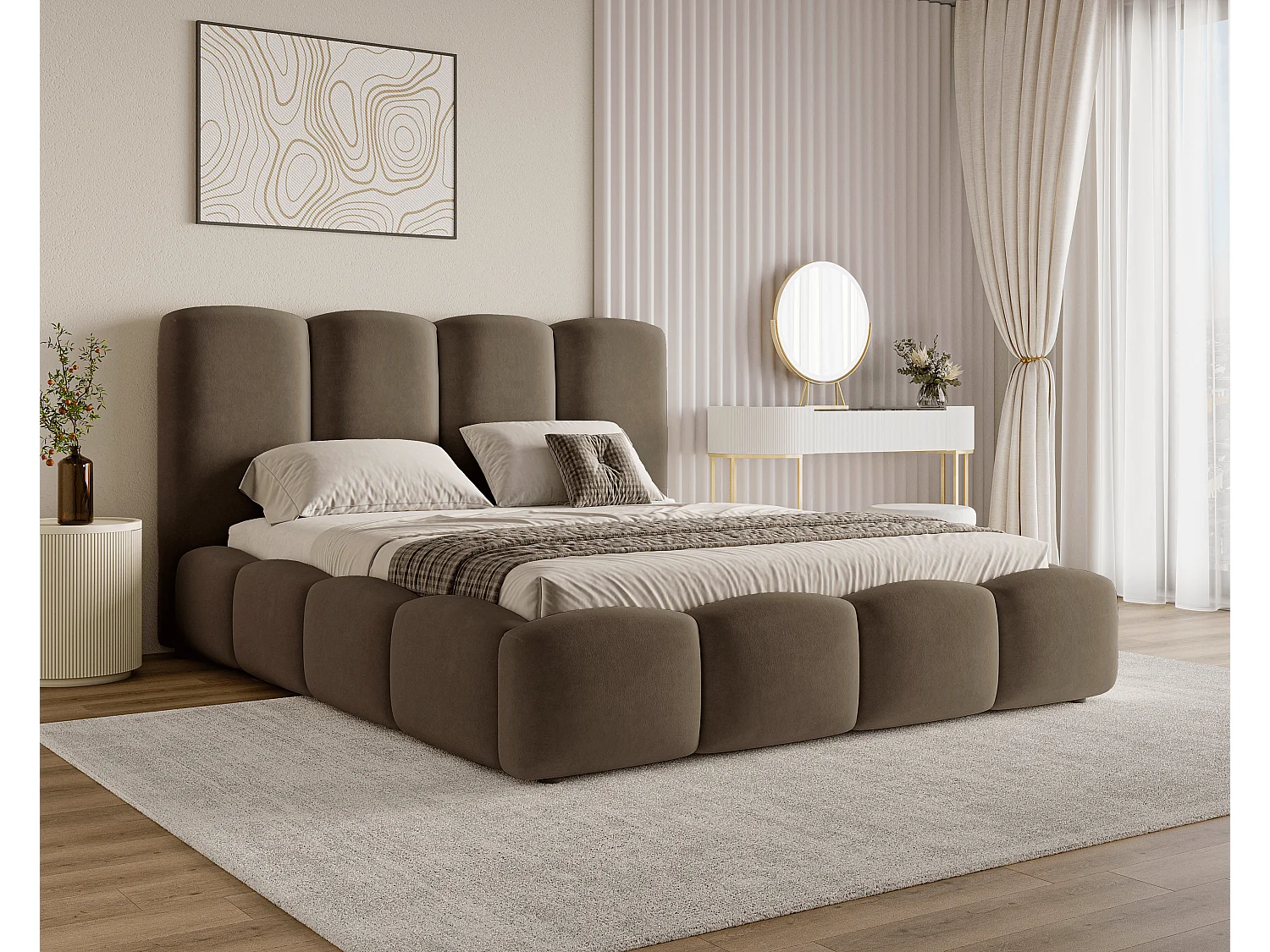 BESILIO Łóżko chmurka z pojemnikiem i stelażem 160x200 Puffy - welurowe łóżko tapicerowane - Brązowy 4756923 - obrazek 1