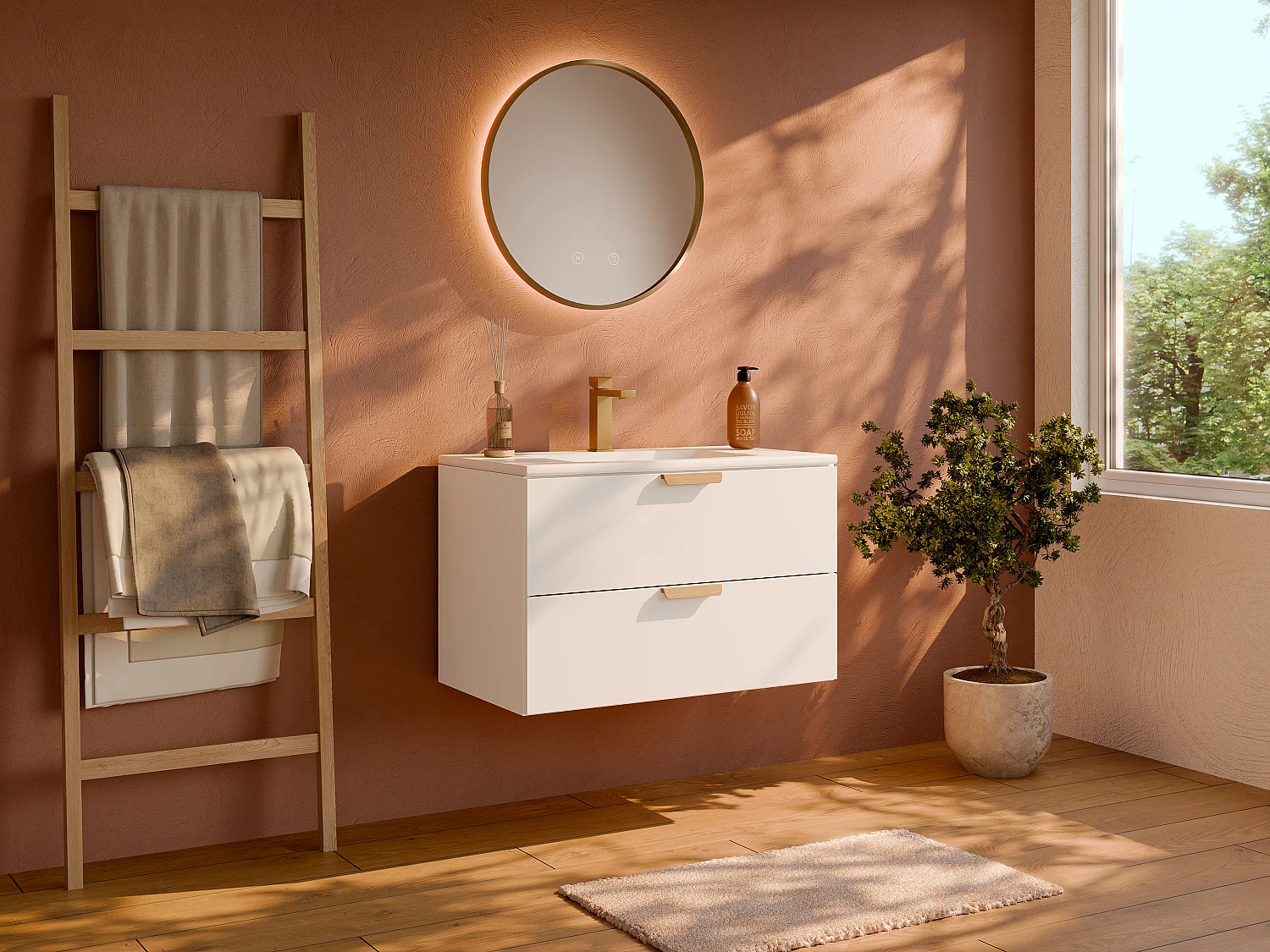 Wisząca szafka łazienkowa z umywalką wpuszczaną w blat, baterią i lustrem – Biała – Szer80 cm – AVORELI 4987408