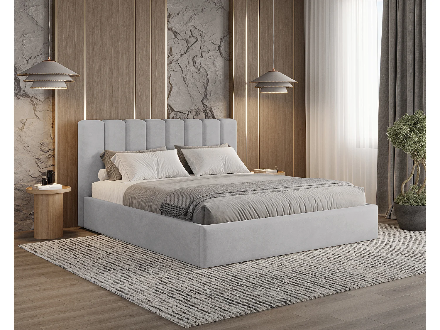 BESILIO Łóżko tapicerowane z pojemnikiem 140x200 Nuvia - Łóżko slim, miękkie wezgłowie, stelaż metalowy- Jasnoszary 4778245 - obrazek 1