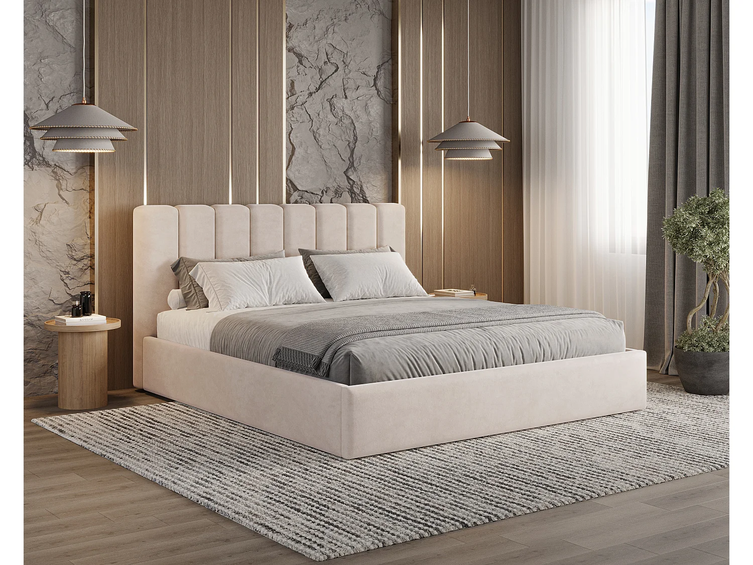 BESILIO Łóżko tapicerowane z pojemnikiem 140x200 Nuvia - Łóżko slim, miękkie wezgłowie, stelaż metalowy- Beżowy 4778303 - obrazek 1