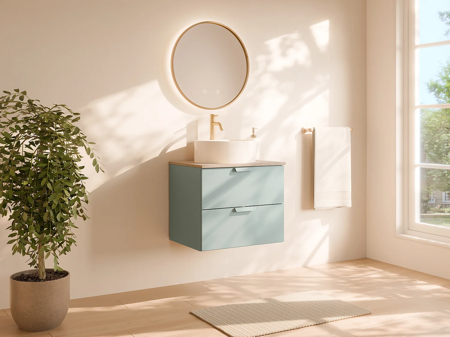 Wisząca szafka łazienkowa z okrągłą umywalką nablatową i baterią – Zielony szałwiowy – S60 cm – AVORELI 4987599