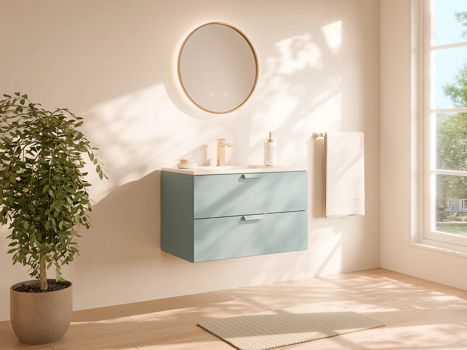 Wisząca szafka łazienkowa z umywalką do zabudowy i baterią – Zielony szałwiowy – Szer80 cm – AVORELI 4991681