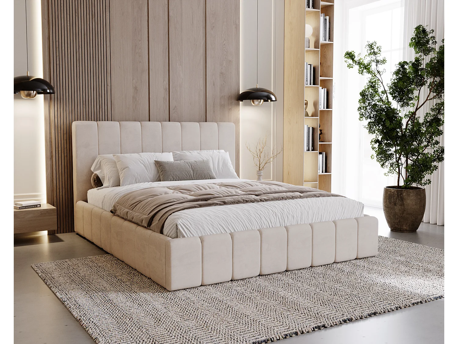 BESILIO Tapicerowane łóżko slim 140x200 Lexy - stelaż metalowy, pojemnik na pościel, slim łóżko, tkanina velurowa - Beżowy 4706156 - obrazek 1