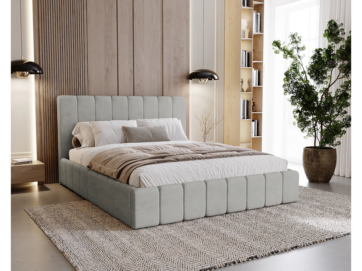 BESILIO Tapicerowane łóżko slim 180x200 Lexy - stelaż metalowy, pojemnik na pościel, slim łóżko, tkanina velurowa - Jasnoszary 4730364 - obrazek 1