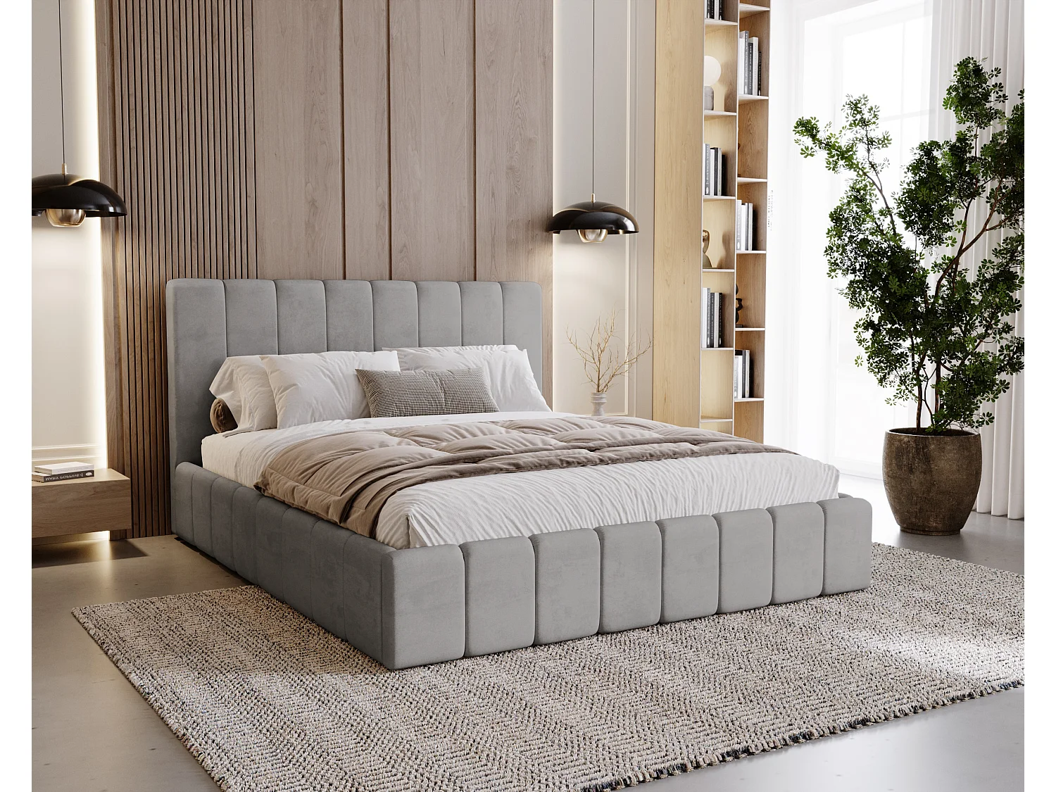 BESILIO Tapicerowane łóżko slim 140x200 Lexy - stelaż metalowy, pojemnik na pościel, slim łóżko, tkanina velurowa - Szary 4730349 - obrazek 1