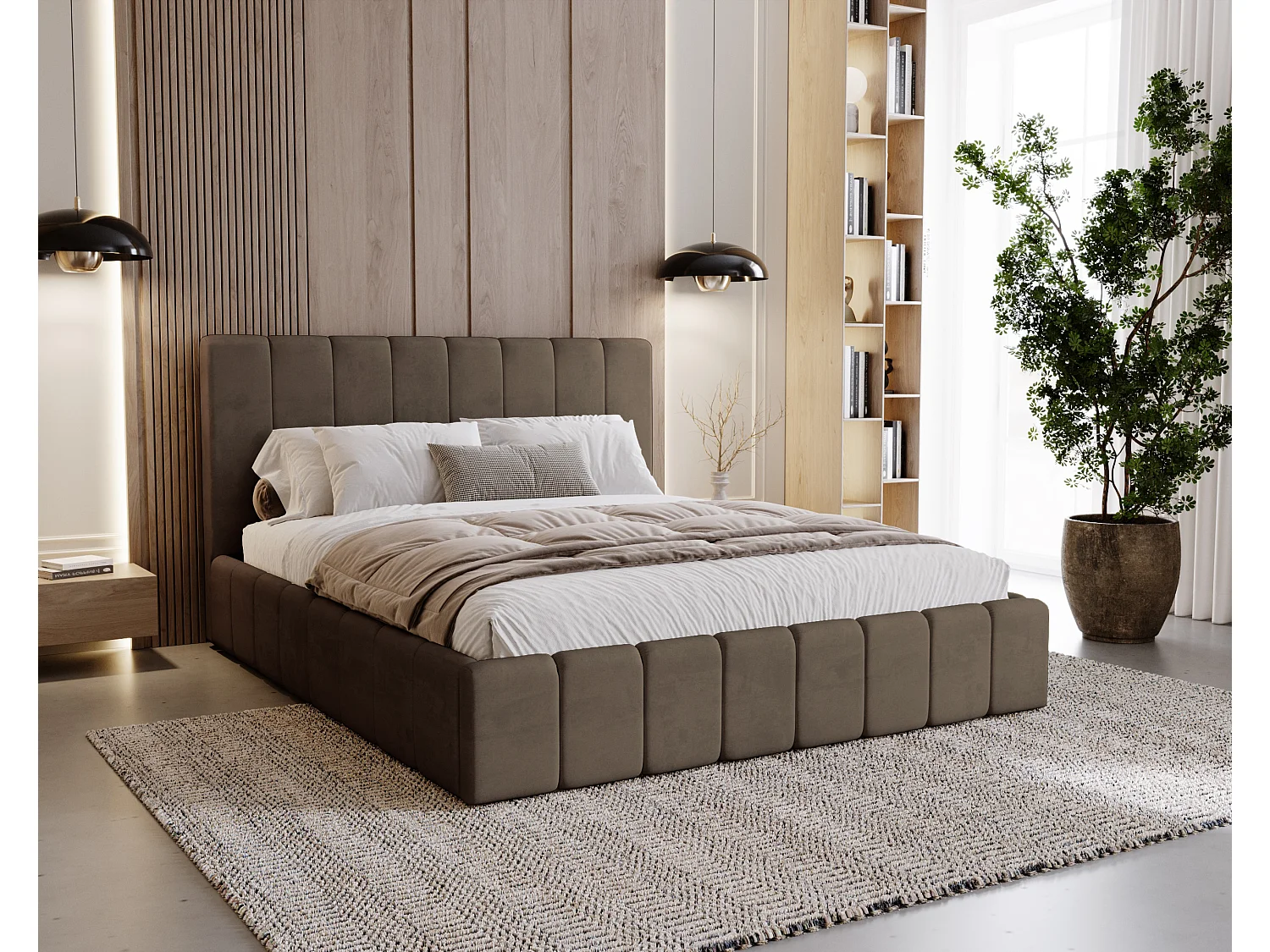 BESILIO Tapicerowane łóżko slim 180x200 Lexy - stelaż metalowy, pojemnik na pościel, slim łóżko, tkanina velurowa - Brązowy 4730352 - obrazek 1