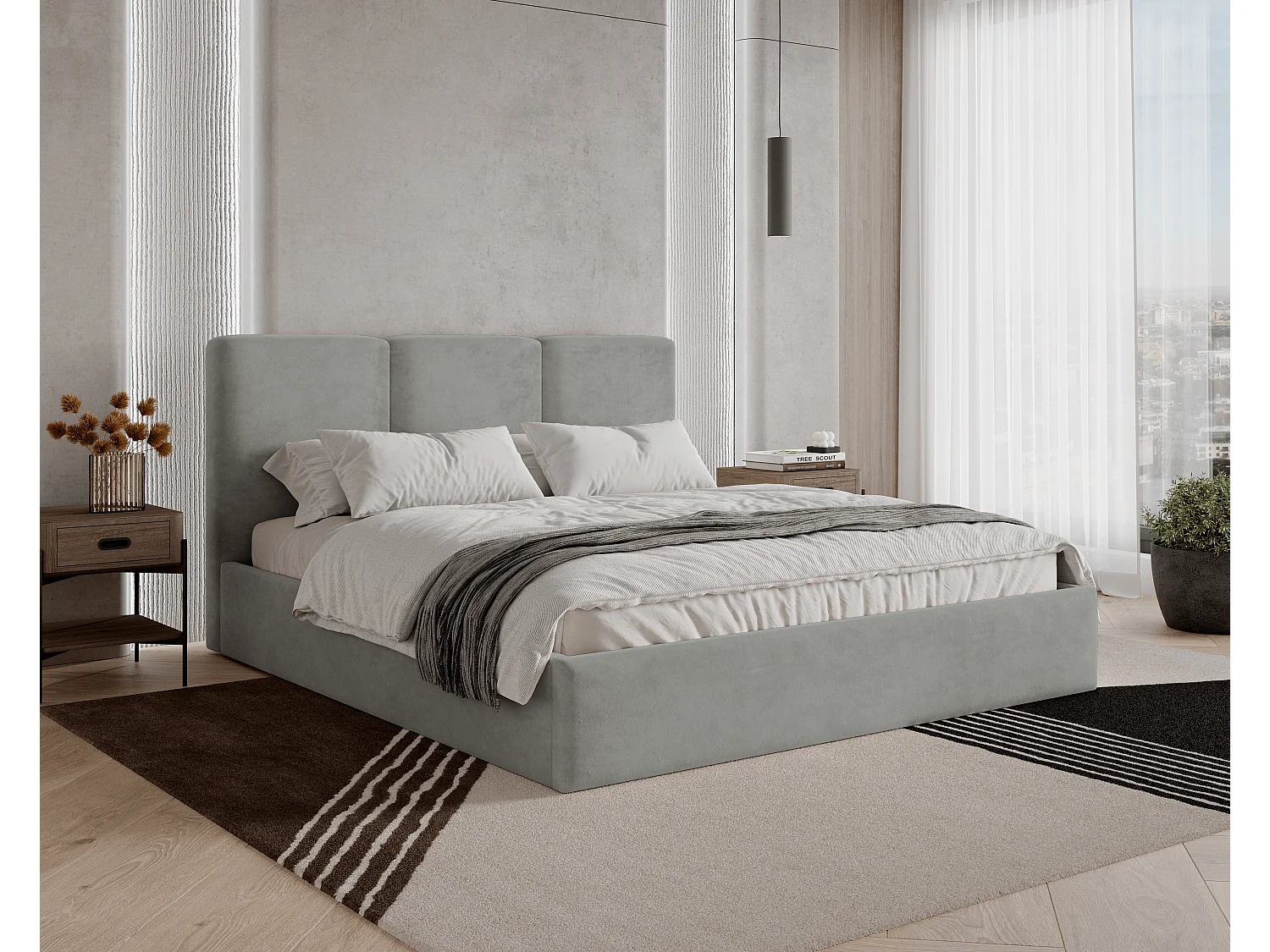BESILIO Łóżko tapicerowane z pojemnikiem 140x200 Mira - Łóżko slim, łóżko minimalistyczne, stelaż metalowy- Szary 4778247 - obrazek 1
