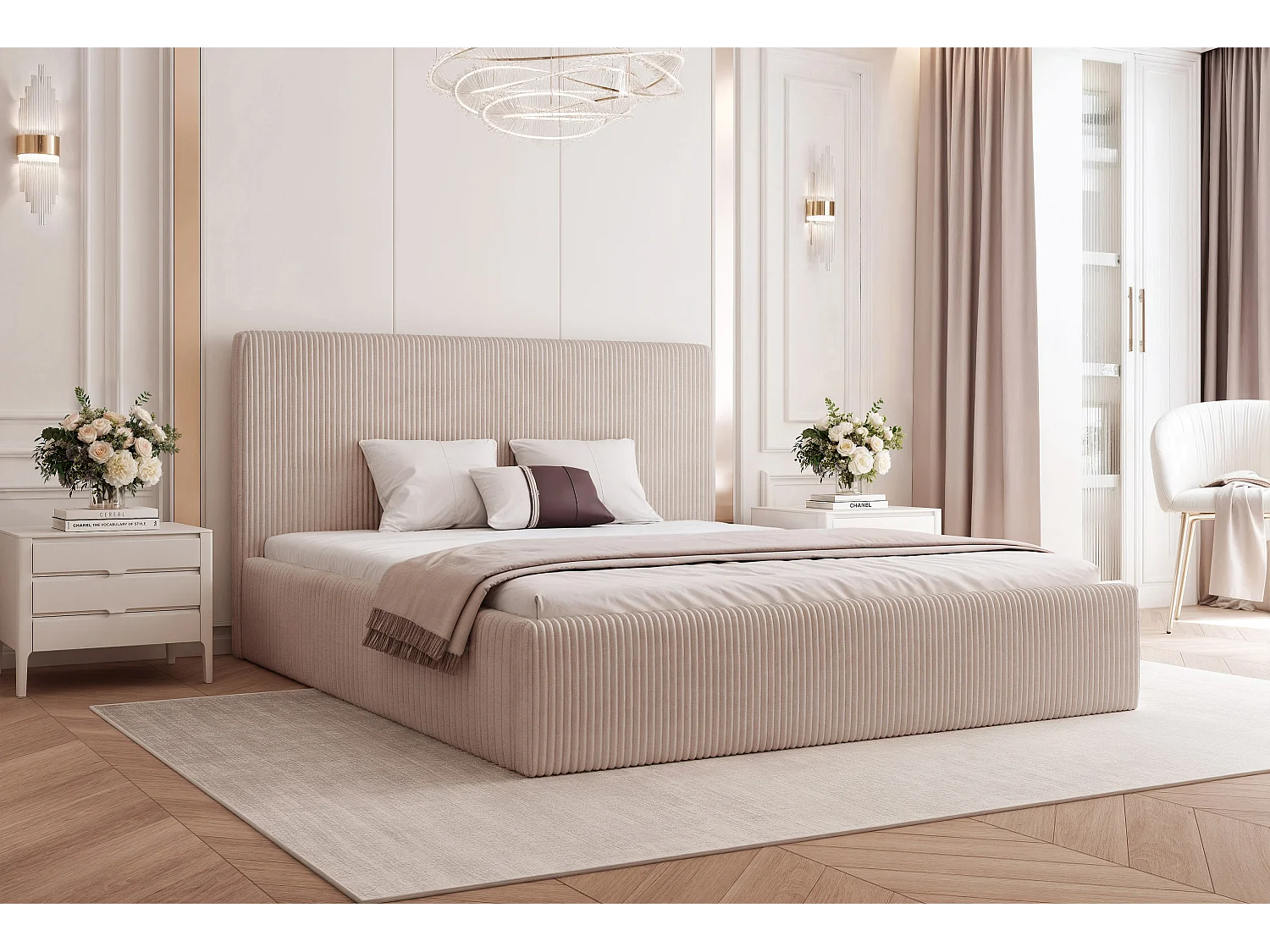 BESILIO Łóżko do sypialni 160x200 Vienna - Łóżko z pojemnikiem, łóżko slim, stelaż listwowy - Tkanina sztuks - Beżowy 4745654 - obrazek 1