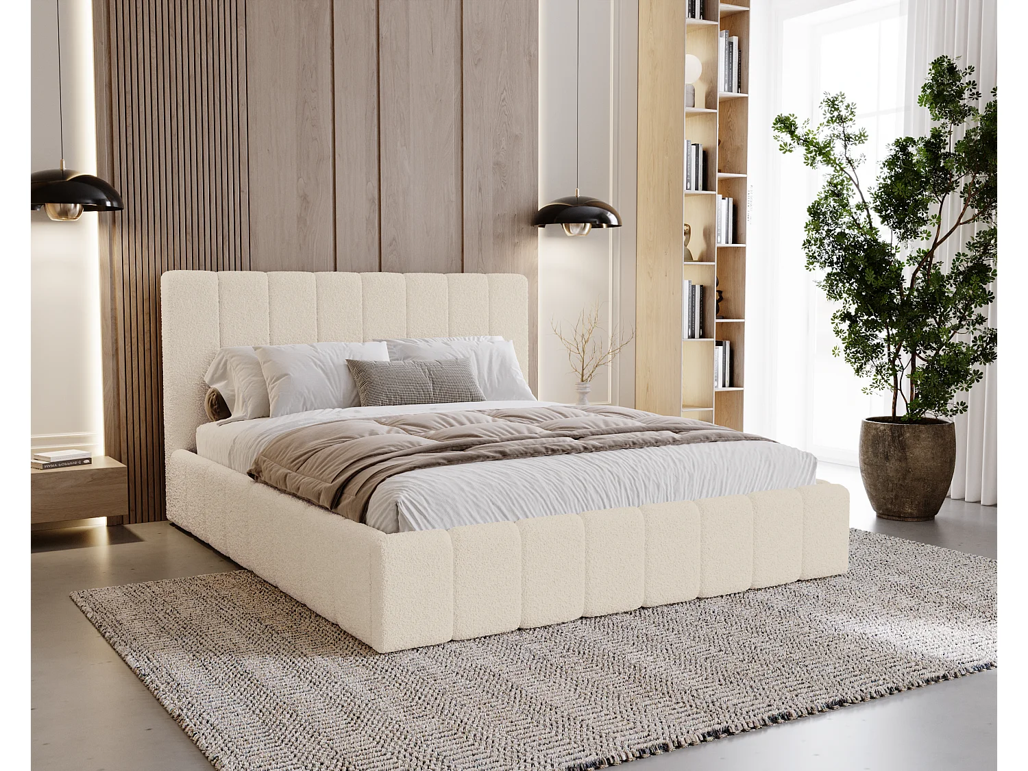 BESILIO Sypialnia łóżko slim 160x200 Lexy - stelaż metalowy, pojemnik na pościel, slim łóżko, tkanina boucle - Kremowy 4730345 - obrazek 1