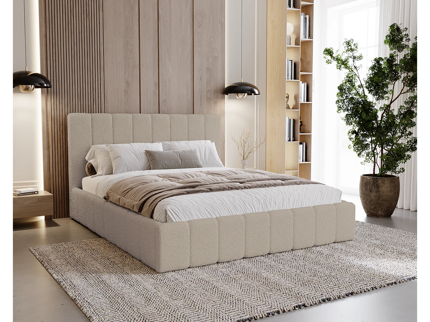 BESILIO Sypialnia łóżko slim 160x200 Lexy - stelaż metalowy, pojemnik na pościel, slim łóżko, tkanina boucle - Beżowy 4735857 - obrazek 1