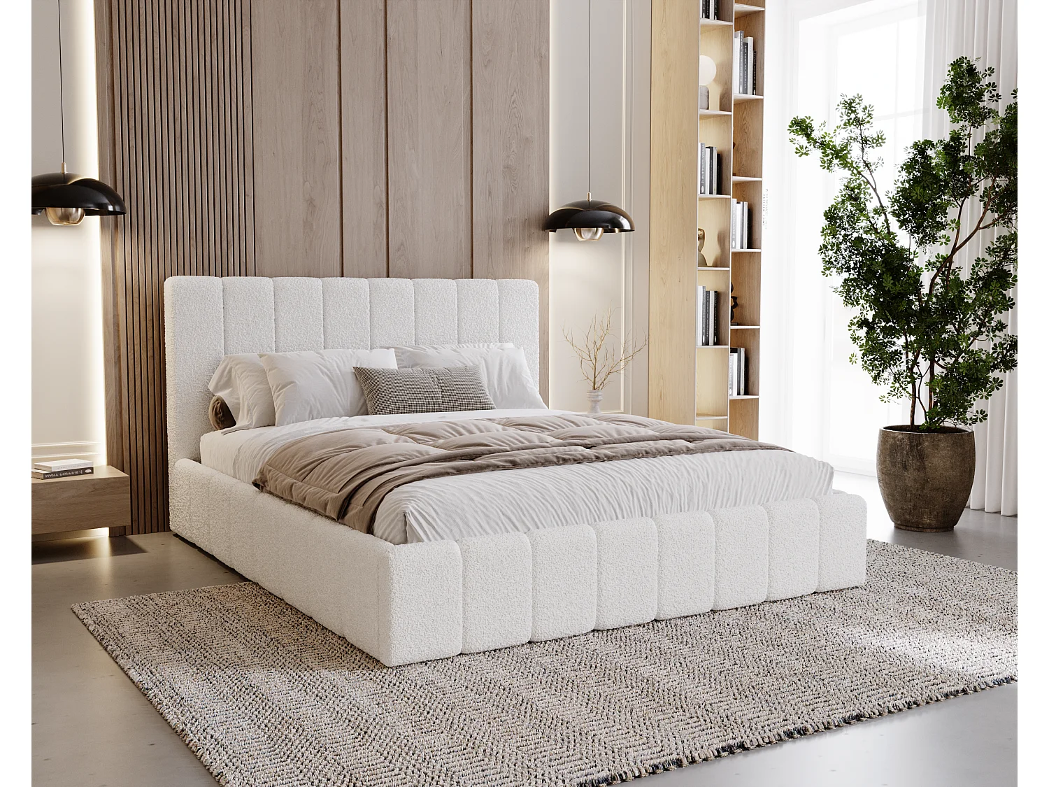 BESILIO Sypialnia łóżko slim 160x200 Lexy - stelaż metalowy, pojemnik na pościel, slim łóżko, tkanina boucle - Biały 4730366 - obrazek 1