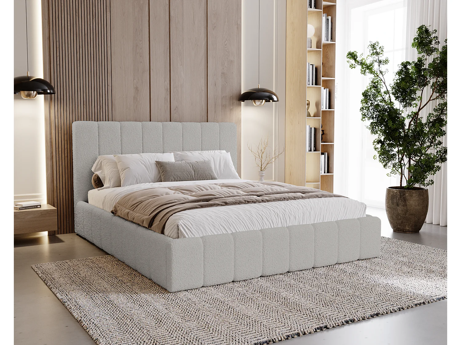 BESILIO Sypialnia łóżko slim 160x200 Lexy - stelaż metalowy, pojemnik na pościel, slim łóżko, tkanina boucle - Jasnoszary 4735849 - obrazek 1