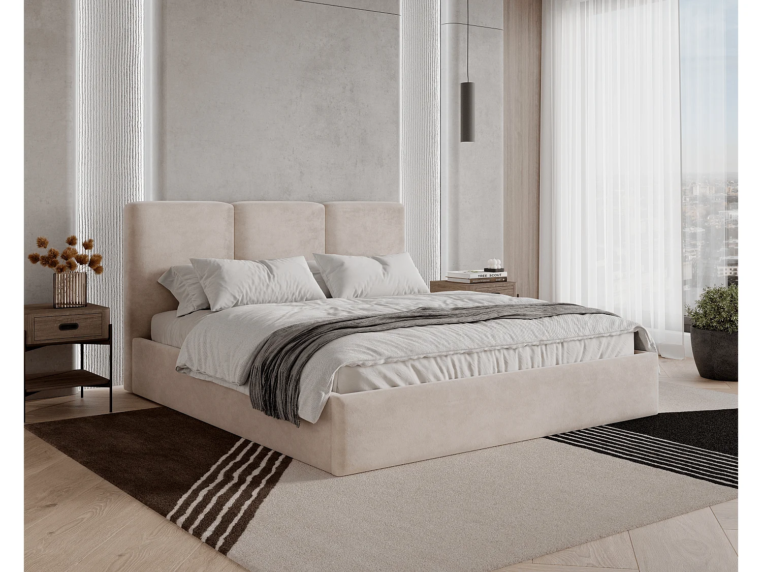 BESILIO Łóżko tapicerowane z pojemnikiem 200x200 Mira - Łóżko slim, łóżko minimalistyczne, stelaż metalowy- Beżowy 4778309 - obrazek 1