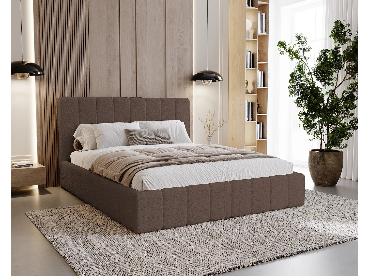 BESILIO Sypialnia łóżko slim 200x200 Lexy - stelaż metalowy, pojemnik na pościel, slim łóżko, tkanina boucle - Brązowy 4735860 - obrazek 1