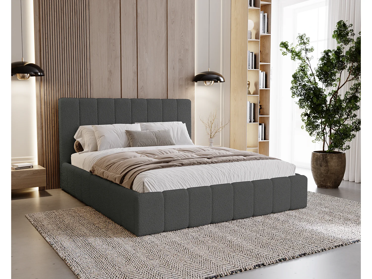 BESILIO Sypialnia łóżko slim 200x200 Lexy - stelaż metalowy, pojemnik na pościel, slim łóżko, tkanina boucle - Szary 4735861 - obrazek 1