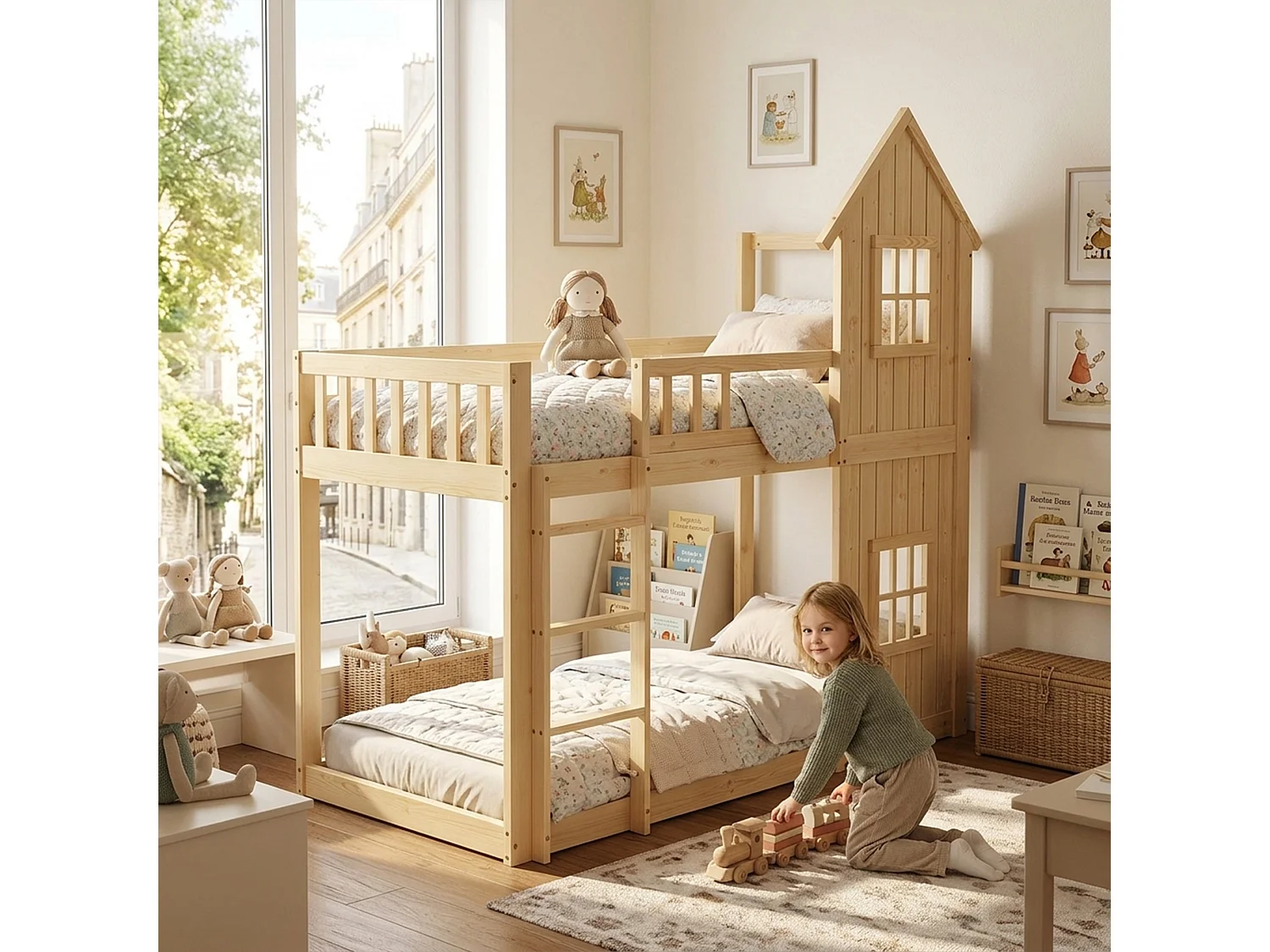 Łóżko piętrowe dla dzieci - 2 x 90 x 200 cm - z 2 oknami + schodami + barierką - sosna i MDF - naturalne 4993401 - obrazek 1
