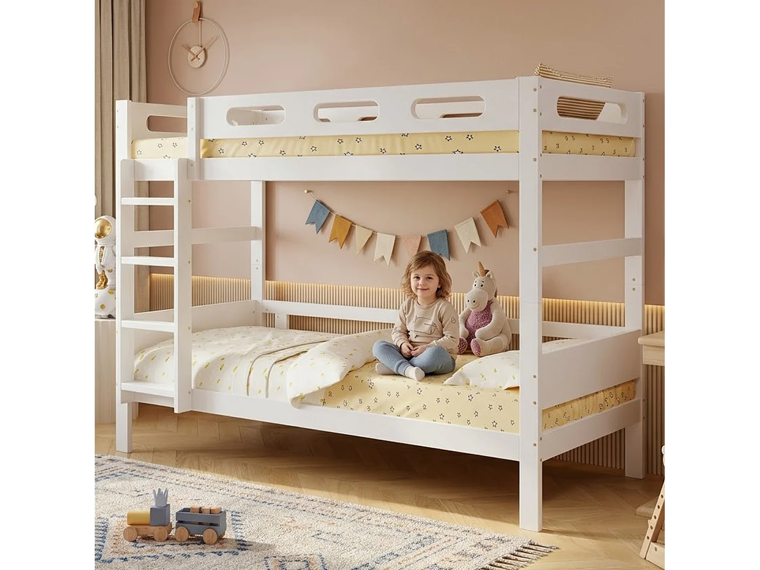 Łóżko piętrowe dla dzieci - 2 x 90 x 200 cm - z barierką zabezpieczającą + stelaż - sosna + płyta MDF - białe 4993423 - obrazek 1