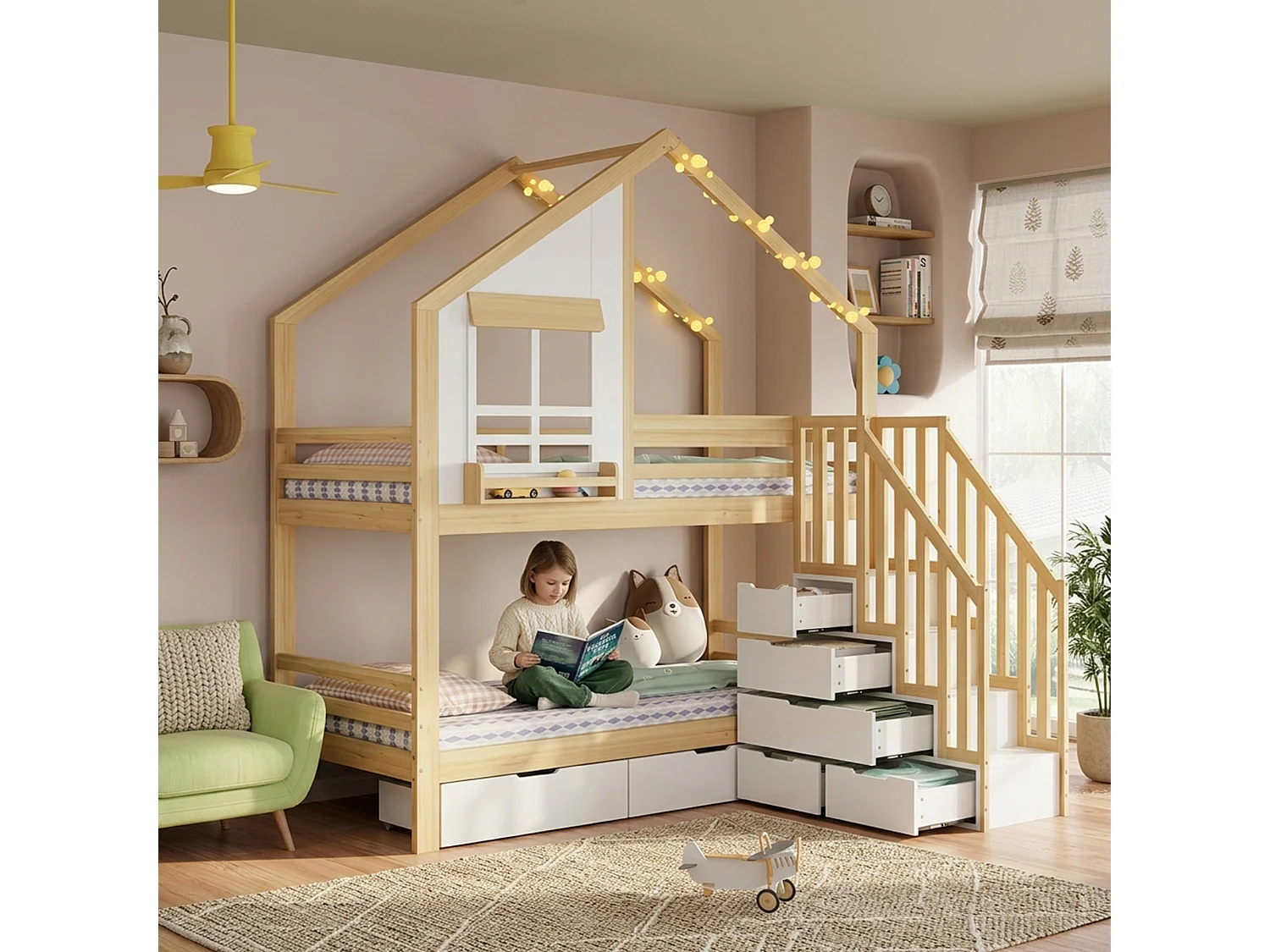 Łóżko piętrowe dla dzieci - 2 x 90 x 200 cm - z szufladami + okienkami + drabinką - sosna + płyta MDF - kolor biały i naturalny 4993426 - obrazek 1