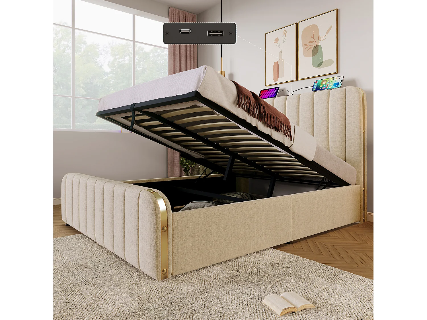 Łóżko hydrauliczne ze schowkiem – 140 x 190 cm – z wyściełanym zagłówkiem + USB typu C – len – beż 4993528