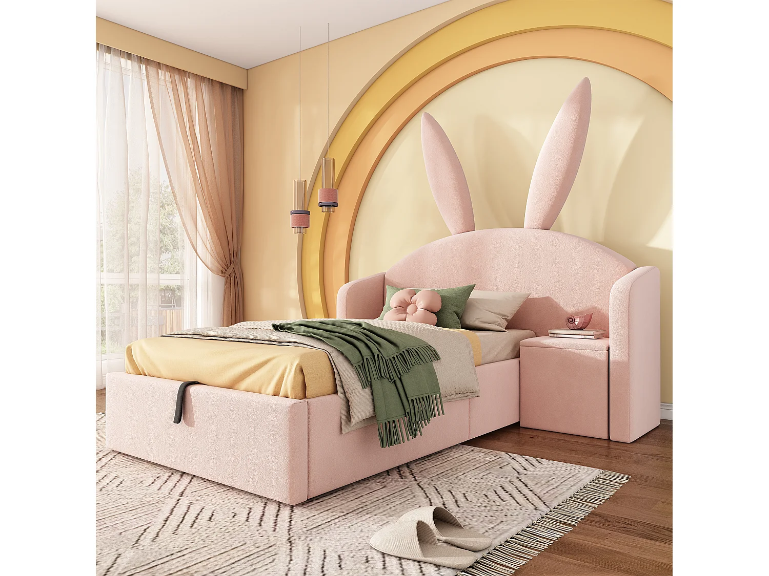 Łóżko dziecięce tapicerowane hydrauliczne ze schowkiem - 90 x 190 cm - z zagłówkiem i szafką nocną - welurowe - różowe 4993599 - obrazek 1