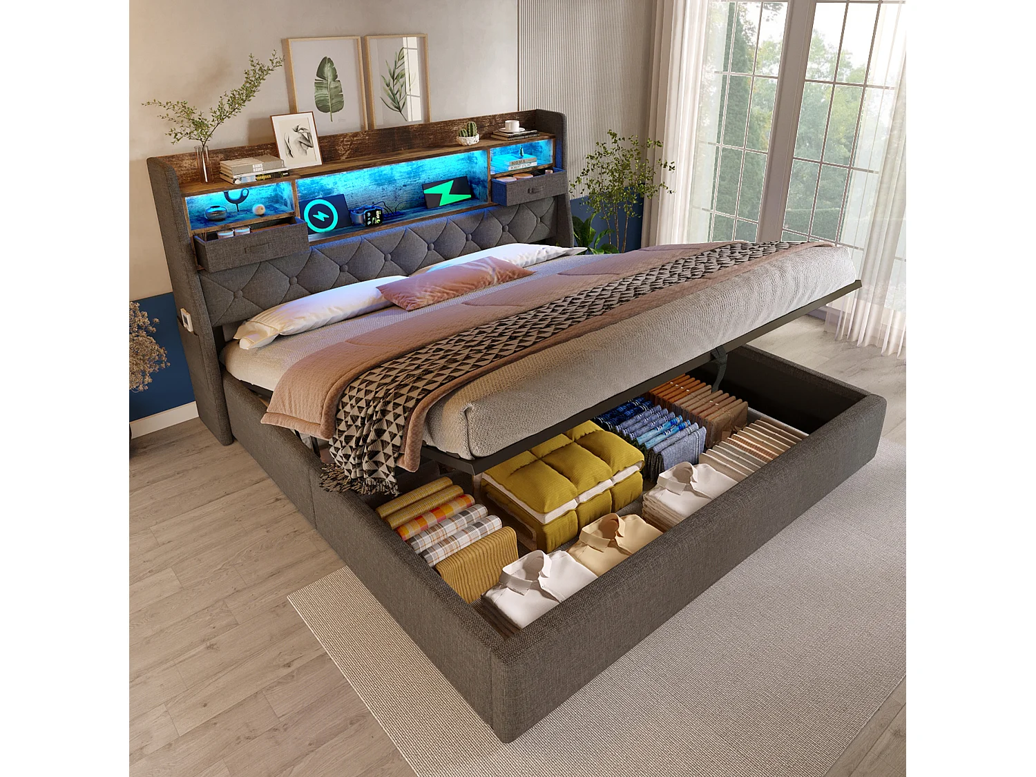 Łóżko hydrauliczne ze schowkiem – 140 x 190 cm – ze schowkiem w zagłówku + diody LED + USB – len – szary 4993595