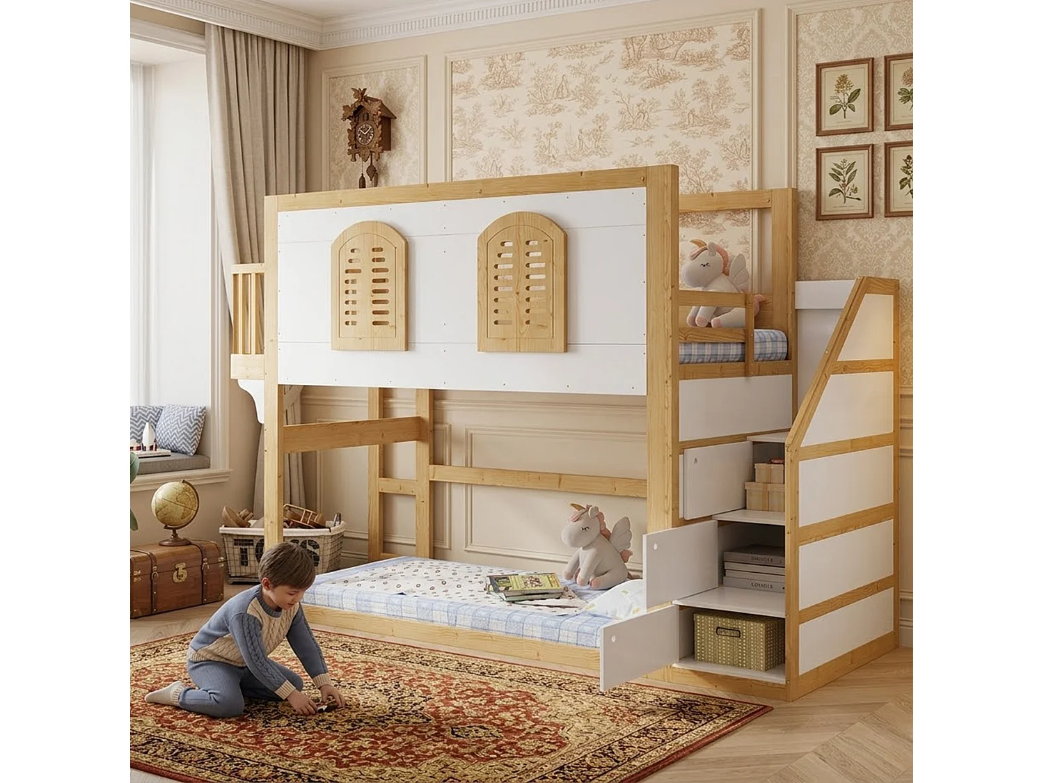 Łóżko piętrowe dla dzieci - 90 x 200 cm - schody do przechowywania + okno - sosna + płyta MDF - białe + naturalne 4993602 - obrazek 1