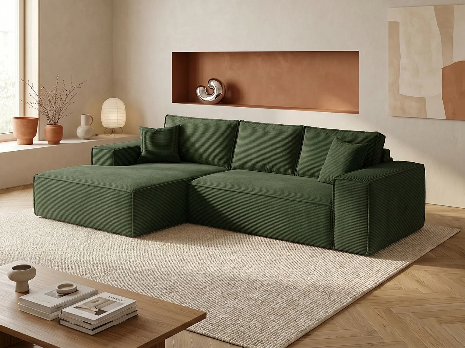 Kanapa narożna prawostronna rozkładana typu express ze sztruksowego weluru w kolorze butelkowej zieleni - pow. spania 140 cm - Materac 13 cm z pianką memory - AMELIA 4882694 - obrazek 1